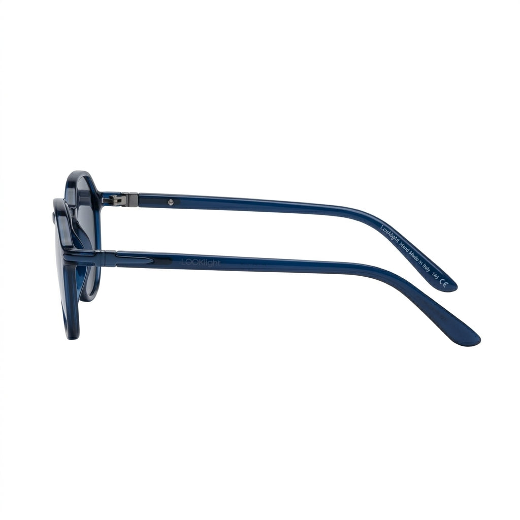 Santorini Indigo - Side Temple View - Looklight Sunglasses TR90 hexagonal navy blue frame